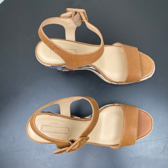 Antonio Melani Leather Beaded Berry Leaves Espadrille Wedge Sandals 10M Tan - Picture 3 of 11